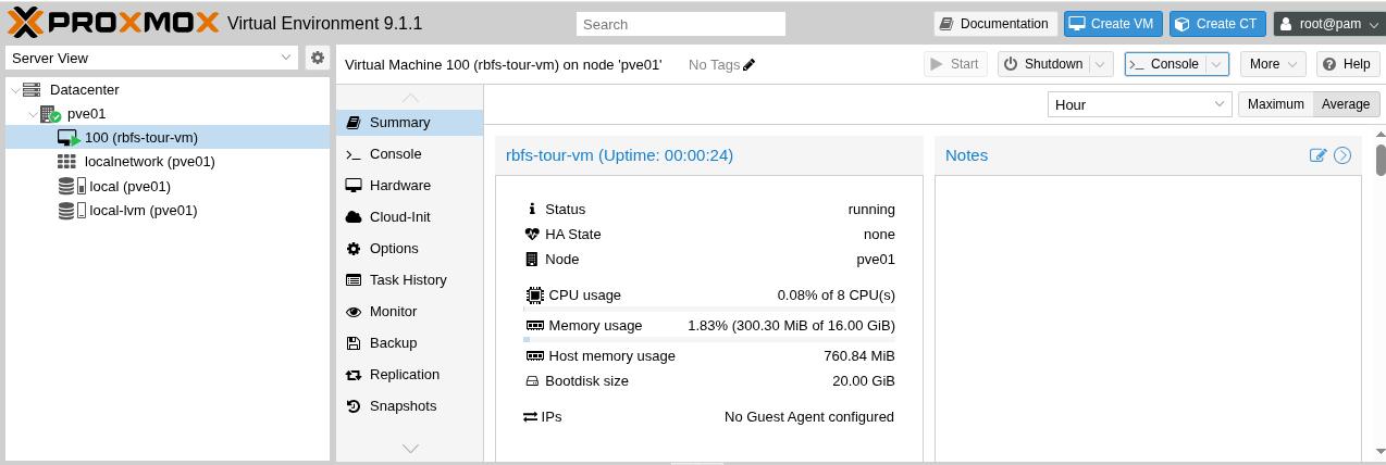 proxmox rbfs tour vm console