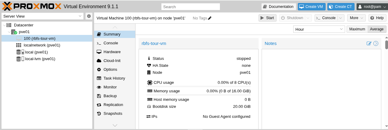 proxmox rbfs tour vm summary