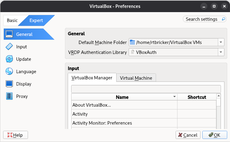virtualbox preferences